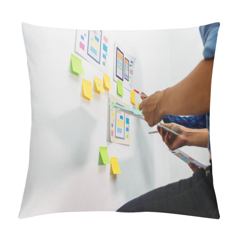 Personality  The Team Of Website Designers With The Ux Ui System Are Writing Programs And Laying The Layer To Determine The Display Style With The Ux Ui System Within The Front Of The Smartphone. Pillow Covers