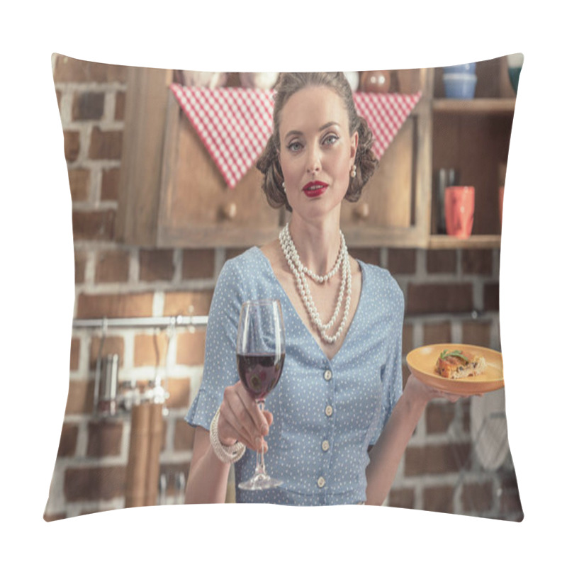 Personality  Beautiful Adult Housewife With Glass Of Red Wine And Freshly Baked Cake Looking At Camera At Kitchen Pillow Covers