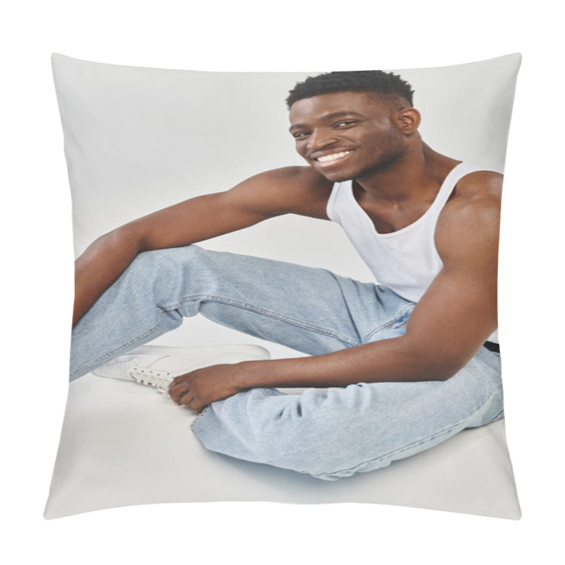 Personality  A Young African American Man Sitting On The Ground With His Legs Crossed In A Cool Position. Pillow Covers