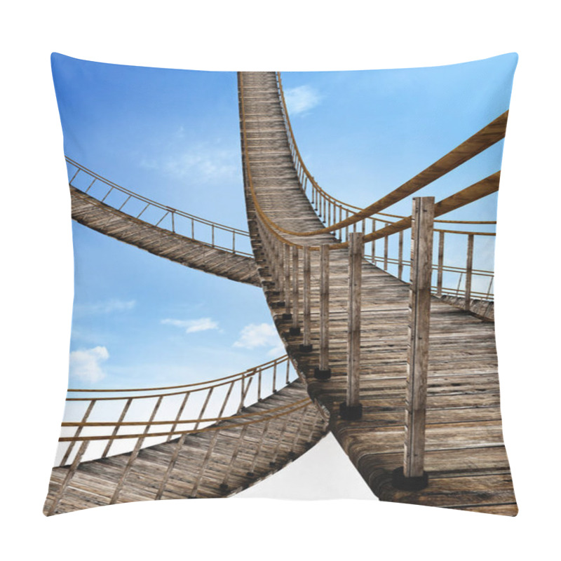 Personality  Old Wooden Suspended Bridges Against Blue Sky. 3D Illustration Pillow Covers