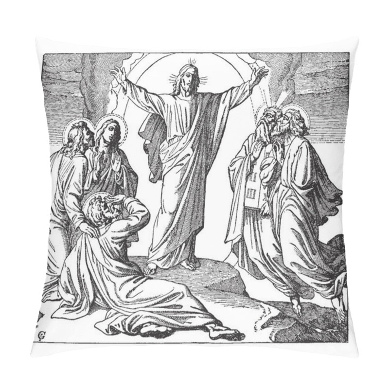 Personality  The Transfiguration, This Scene Shows Jesus Raising Both Hands And Face Shine As The Sun, Other People Looking At Him, Vintage Line Drawing Or Engraving Illustration Pillow Covers