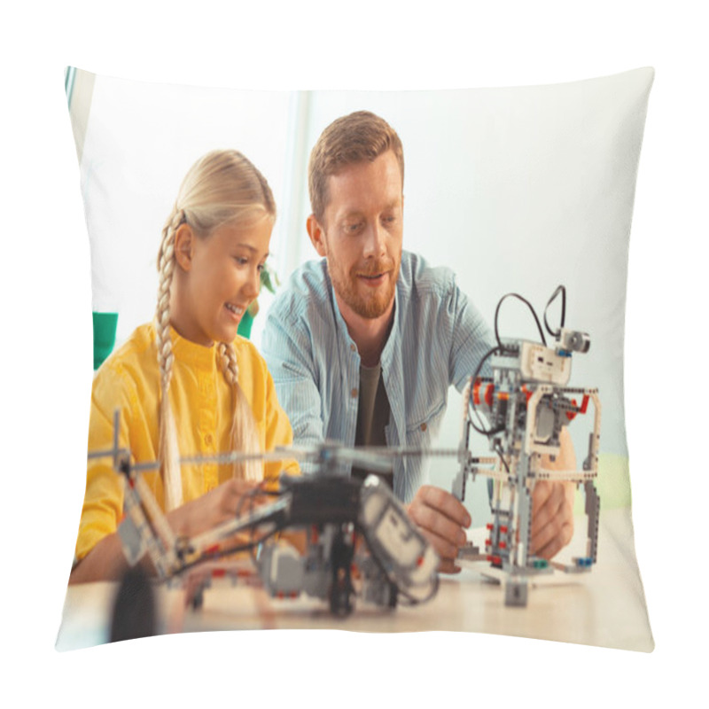 Personality  Smiling Girl Looking At Her Teacher Building A Robot. Pillow Covers