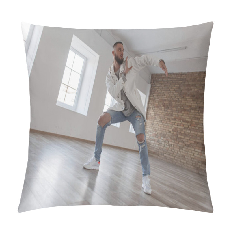 Personality  Handsome Attractive Dancer Man In Fashionable Clothes With Ripped Jeans Dancing In Dance Studio Pillow Covers