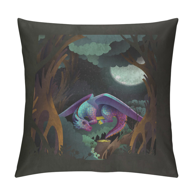 Personality  Fairytale Cover Illustration Cute Baby Dragon Sleeping On Grass In Front Of Dark Magic Forest And Fool Moon Pillow Covers