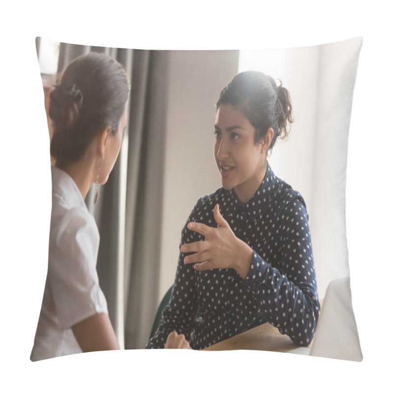 Personality  Serious Indian Mentor Worker Talk To Female Colleague Teach Intern Pillow Covers