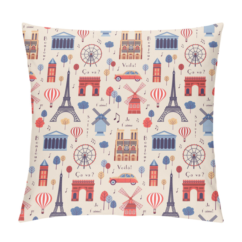 Personality  Paris Pattern With Architectural Symbols And Landmarks Of France. Eiffel Tower, Notre Dame, Arc De Triomphe, Pantheon And More On Vintage French Seamless Background. Pillow Covers