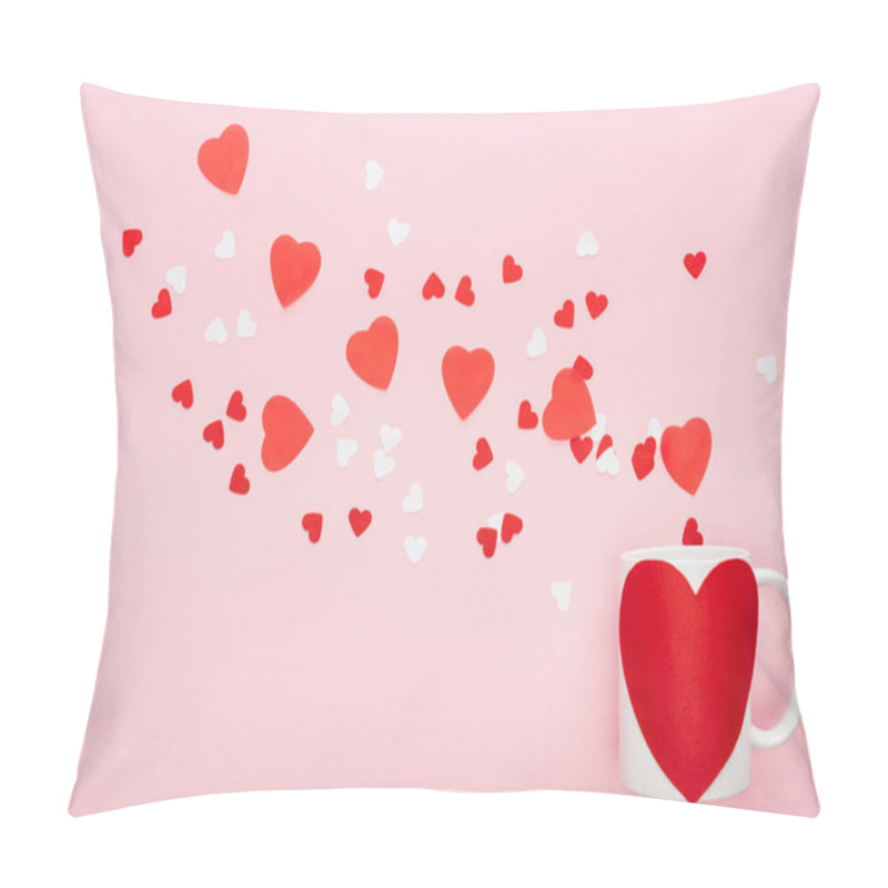 Personality  Top View Of Paper Hearts And Cup With Heart Shaped Sticker Isolated On Pink, St Valentines Day Concept Pillow Covers