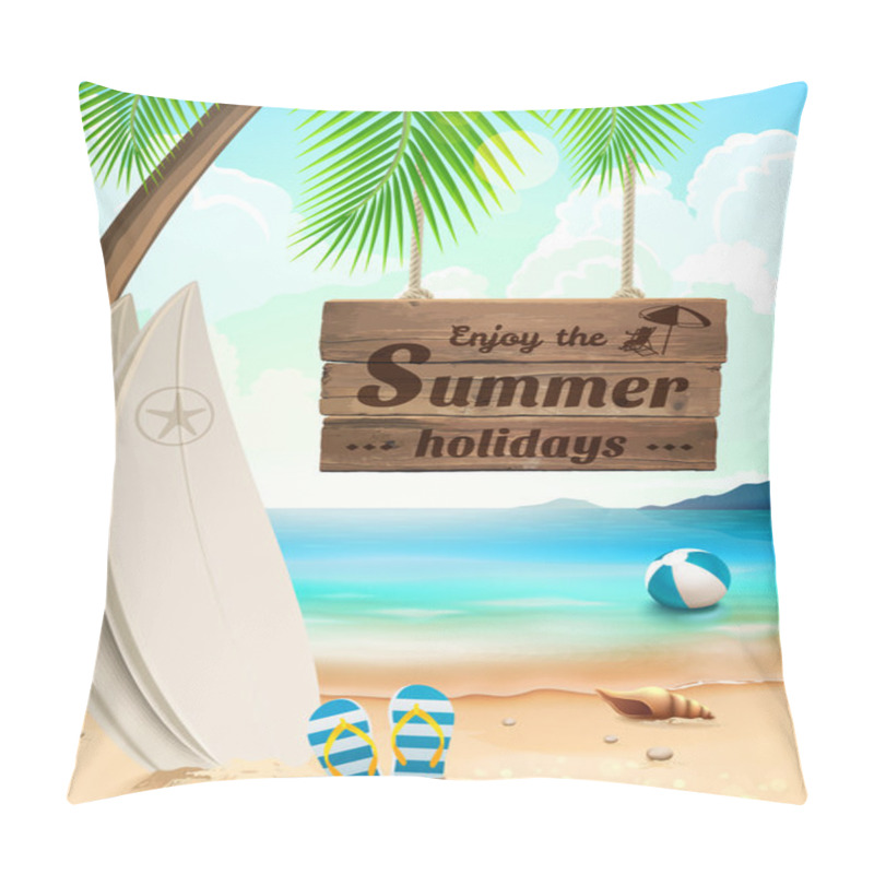 Personality  Summer Holidays Background - Surfboard On Against Beach And Waves. Vector Illustration Pillow Covers