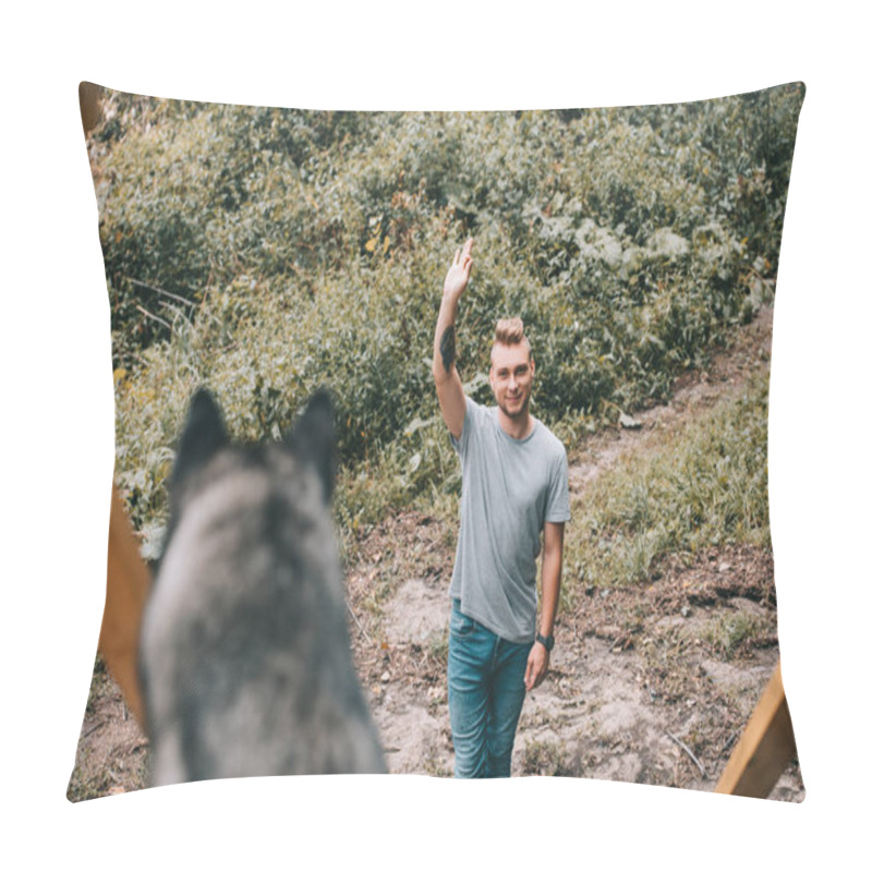 Personality  Selective Focus Of Young Man With Siberian Husky Dog In Park Pillow Covers