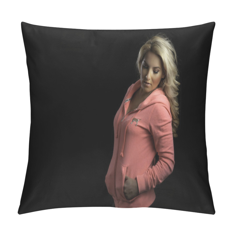 Personality  Blonde Athletic Girl Pink Hoodie Isolated Black Background Pillow Covers