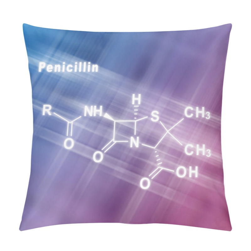 Personality  Penicillin, Antibiotic Drug, Structural Chemical Formula Blue Pink Background Pillow Covers