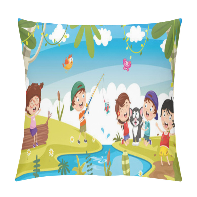 Personality  Vector Illustration Of Kids Playing Outside Pillow Covers