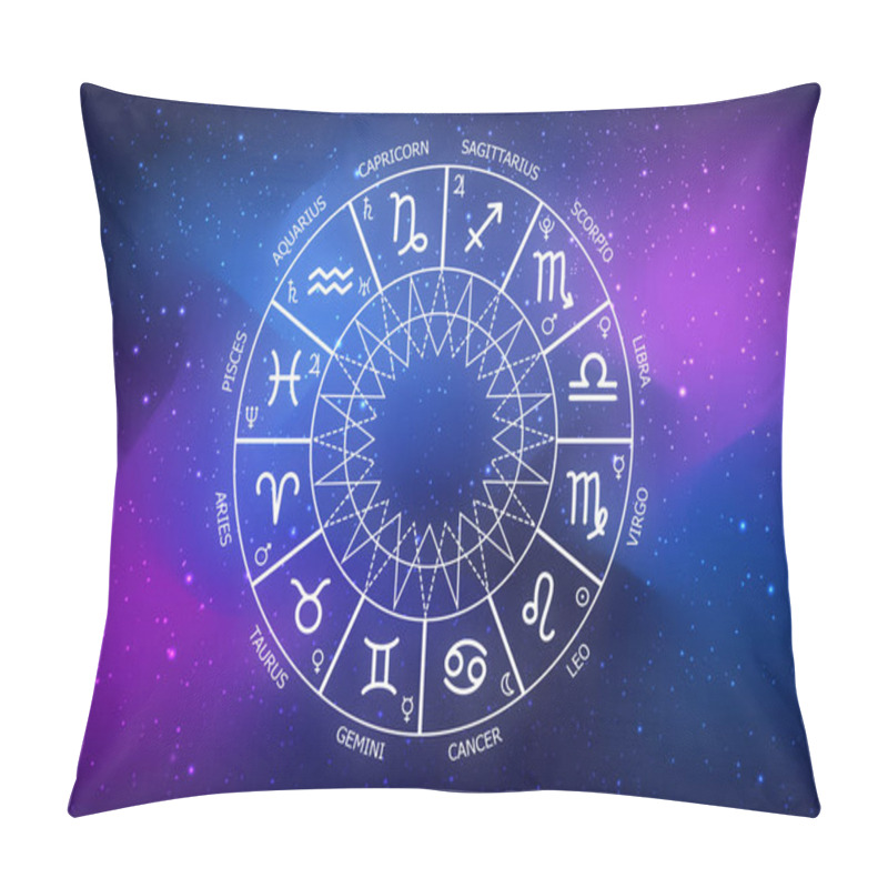 Personality  Zodiac Circle On The Background Of The Dark Cosmos. Astrology. The Science Of Stars And Planets. Esoteric Knowledge. Ruler Planets. Twelve Signs Of The Zodiac Pillow Covers