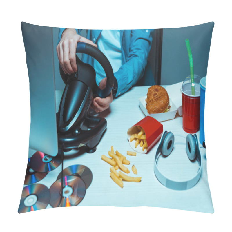 Personality  Cropped View Of Man Holding Steering Wheel On Table With Fast Food, Discs And Headphones  Pillow Covers