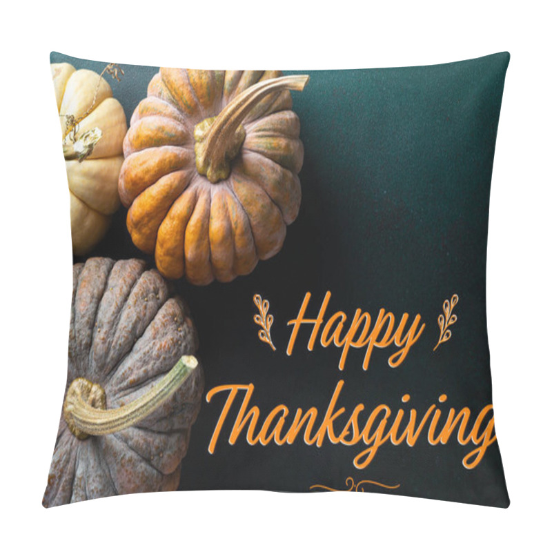 Personality  Thanksgiving Greetings Card. Thanksgiving Day Background Pumpkins, Autumn Decorations On Dark Background. Happy Thanksgiving Concept Pillow Covers