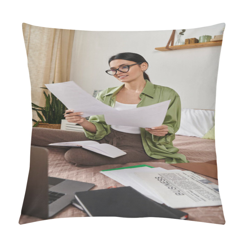 Personality  A Woman In Casual Attire Sits On A Bed, Reading A Piece Of Paper Attentively. Pillow Covers