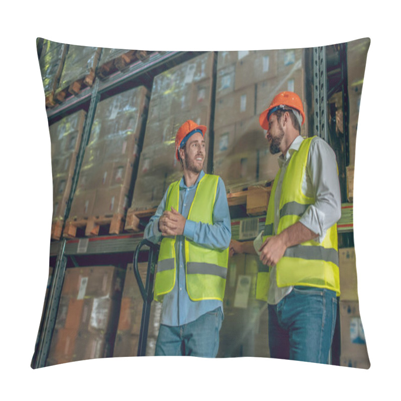 Personality  Two Workers In Yellow Vests Talking In The Warehouse Pillow Covers