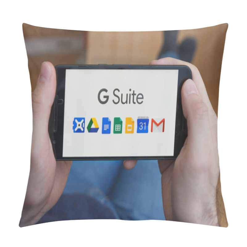 Personality  LOS ANGELES, CALIFORNIA - JUNE 3, 2019: Close Up To Male Hands Holding Smartphone Using G Suite Application. An Illustrative Editorial Image Pillow Covers