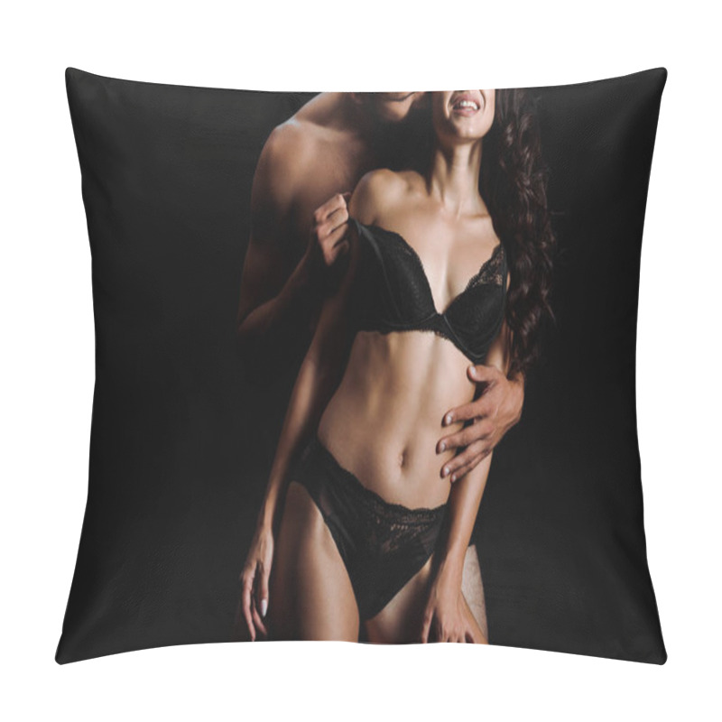 Personality  Cropped View Of Shirtless Man Undressing Happy Sexy Girl In Underwear Isolated On Black  Pillow Covers