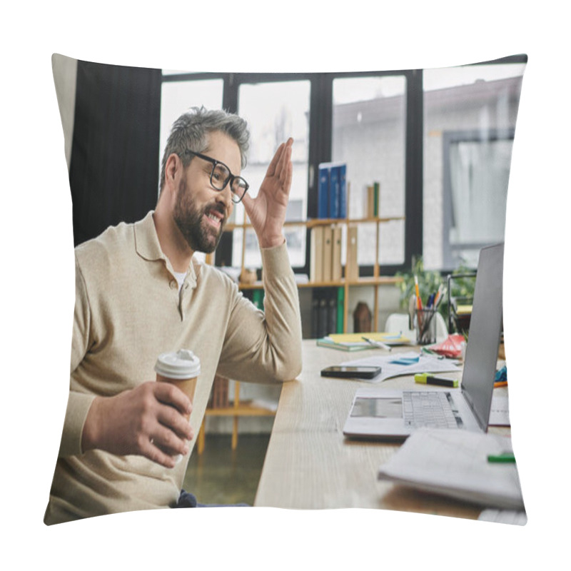 Personality  A Handsome Businessman With A Beard Works At His Desk In A Modern Office. Pillow Covers