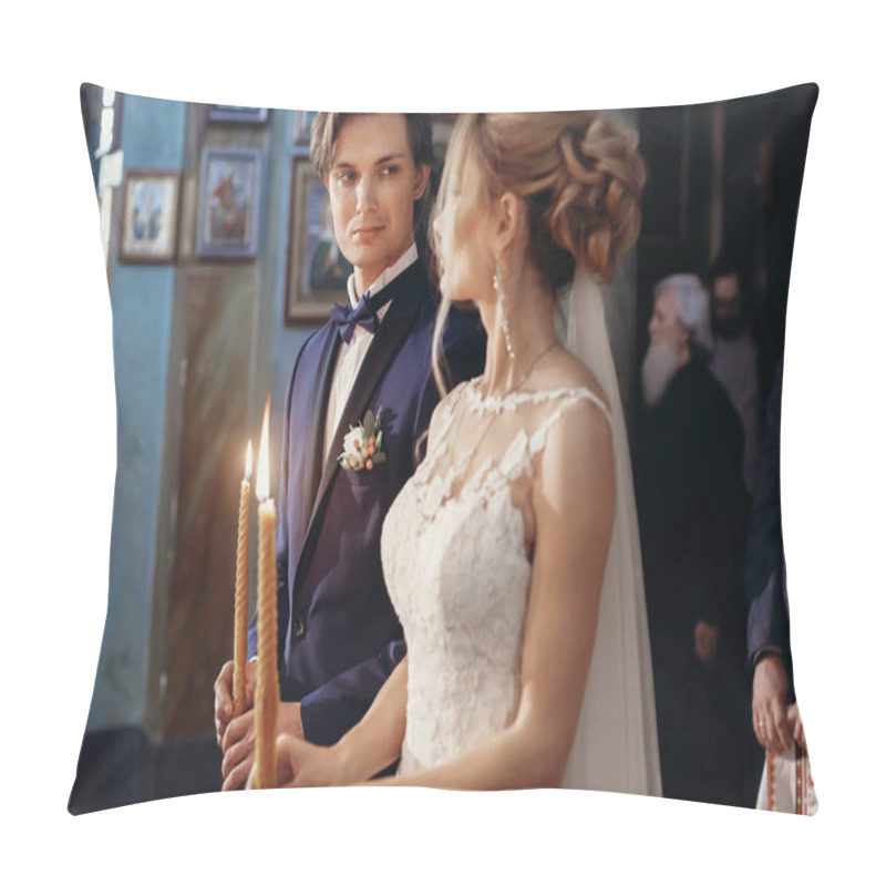 Personality  Stylish Bride And Groom Holding Candles At Holy Matrimony In Church. Happy Luxury Wedding Couple During Wedding Ceremony. Romantic Moment. Spiritual Love Pillow Covers