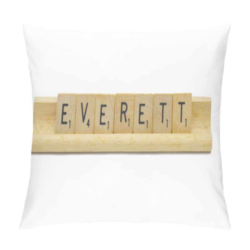 Personality  Miami, FL 4-18-24 Popular Baby Boy First Name Of EVERETT Made With Square Wooden Tile English Alphabet Letters With Natural Color And Grain On A Wood Rack Holder Isolated On White Background Pillow Covers