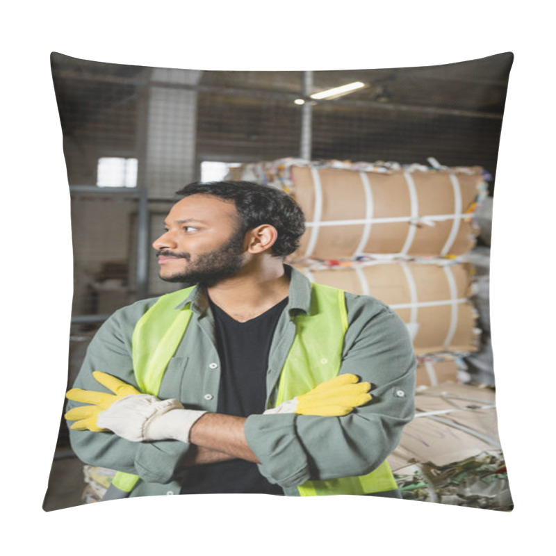 Personality  Bearded Indian Worker In High Visibility Vest And Gloves Looking Away And Crossing Arms While Standing Near Blurred Waste Paper In Waste Disposal Station, Garbage Sorting And Recycling Concept Pillow Covers