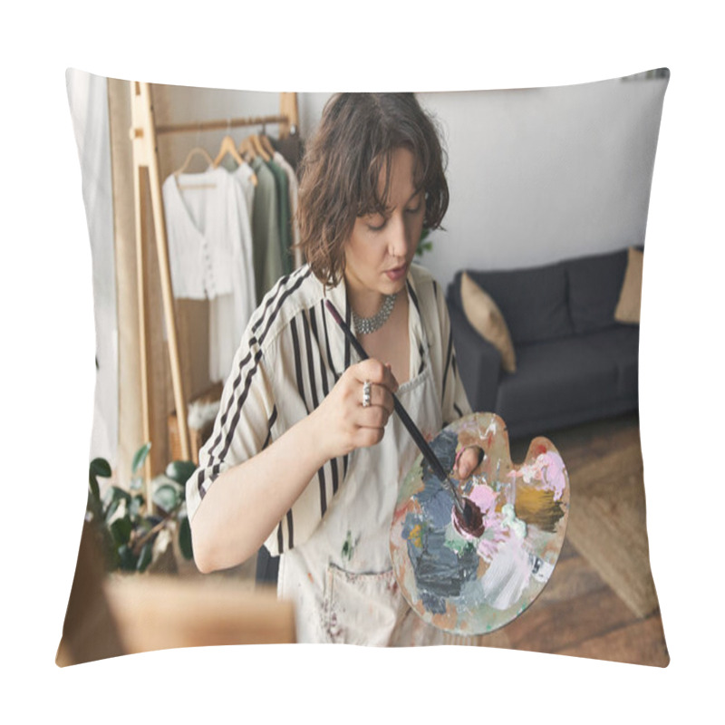 Personality  A Young Woman With Curly Hair Paints Passionately In Her Chic Apartment, Embracing Creativity. Pillow Covers