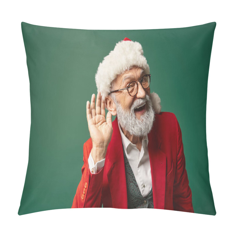 Personality  Cheerful Man Dressed As Santa With Red Hat With Hand Near Ear Looking At Camera, Winter Concept Pillow Covers