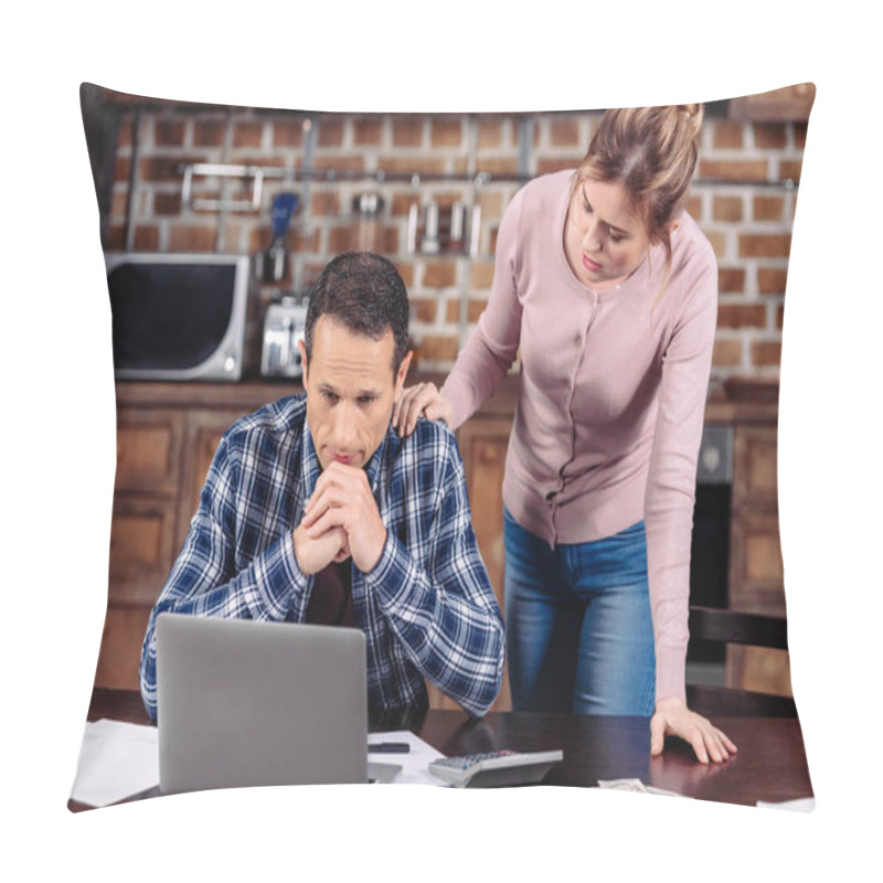 Personality  Portrait Of Woman Cheering Up Upset Husband That Sitting At Table With Laptop At Home, Financial Problems Concept Pillow Covers