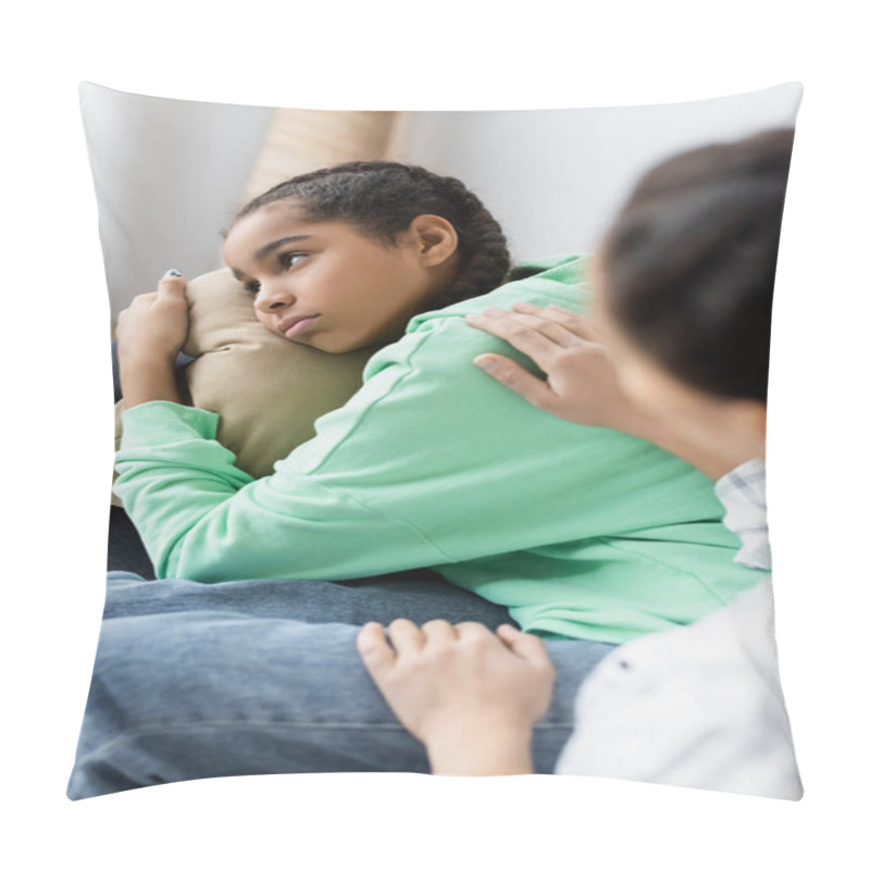 Personality  Blurred African American Woman Calming Depressed Daughter Lying On Pillow And Looking Away Pillow Covers