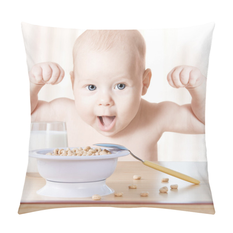 Personality  Happy Baby Meal: Cereal And Milk. Concept: Healthy Food Makes Ch Pillow Covers