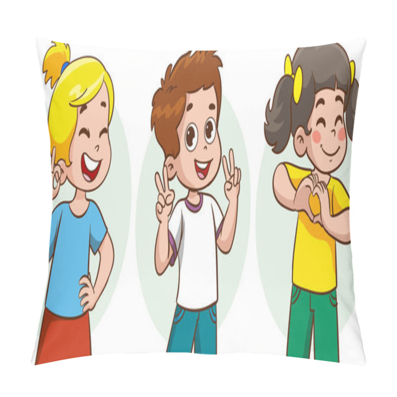 Personality  Cute Happy Children With Different Positive Emotions, Feelings, Excited Facial Expressions, Thumb Up And Waving Hand Gestures, Success V Sign ,self Confidence, And Optimistic Body Languages Pillow Covers