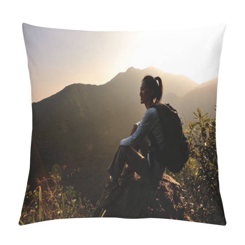 Personality  Woman Hiker Enjoy The View At Mountain Peak Pillow Covers