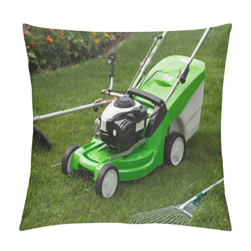 Personality  Green Lawnmower, Weed Trimmer, Rake And Secateurs In The Garden Pillow Covers