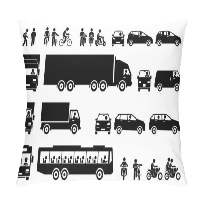 Personality  Road Transports And Transportation Icons. Vector Cliparts Of Man Walking, Cycling Bicycle, Riding Motorbike, Motorist Driving Car, Lorry, And Van. Many People Taking Public Bus. Pillow Covers