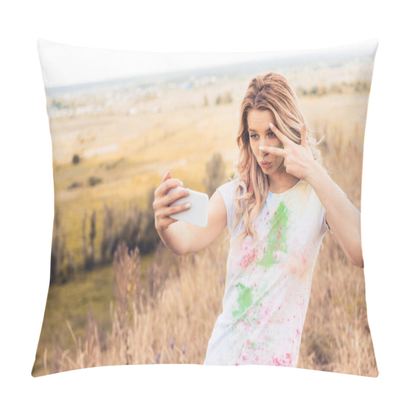 Personality  Attractive Woman In T-shirt Taking Selfie And Showing Peace Sign  Pillow Covers