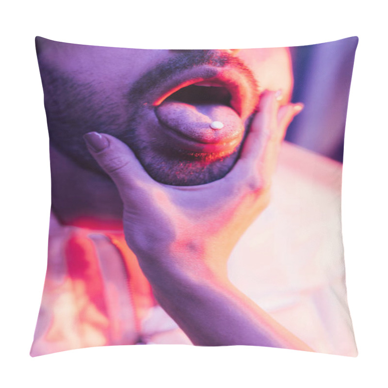 Personality  Cropped View Of Man With LSD On Tongue And Woman Touching His Face  Pillow Covers