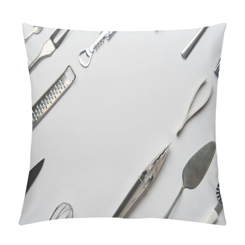 Personality  Flat Lay With Metal Cooking Utensils On Grey Background With Copy Space Pillow Covers