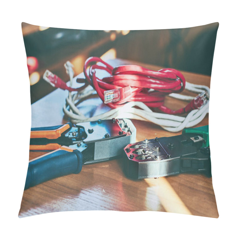 Personality  Electrical Crimp Tools And Wire On The Office Table In Sunlight Toned Pillow Covers