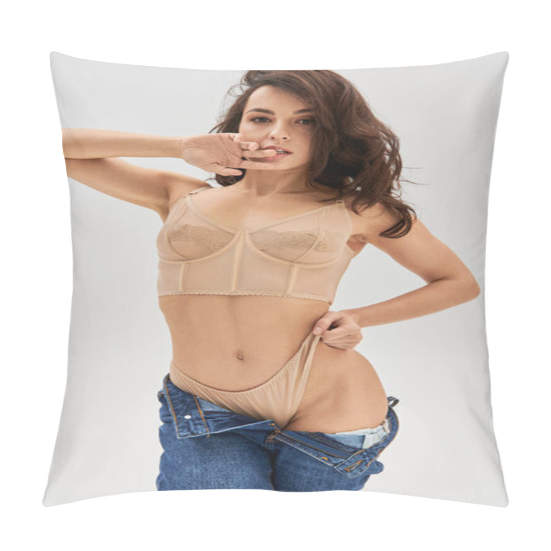 Personality  Young Woman In A Tan Bra Top Strikes A Captivating Pose. Pillow Covers