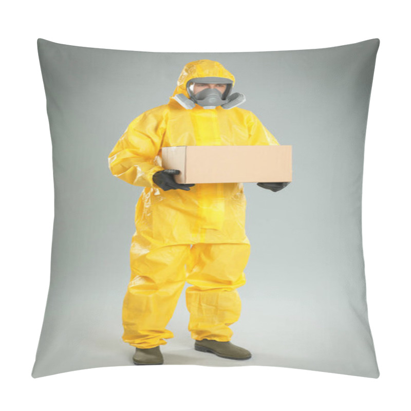 Personality  Man Wearing Chemical Protective Suit With Cardboard Box On Light Grey Background. Prevention Of Virus Spread Pillow Covers