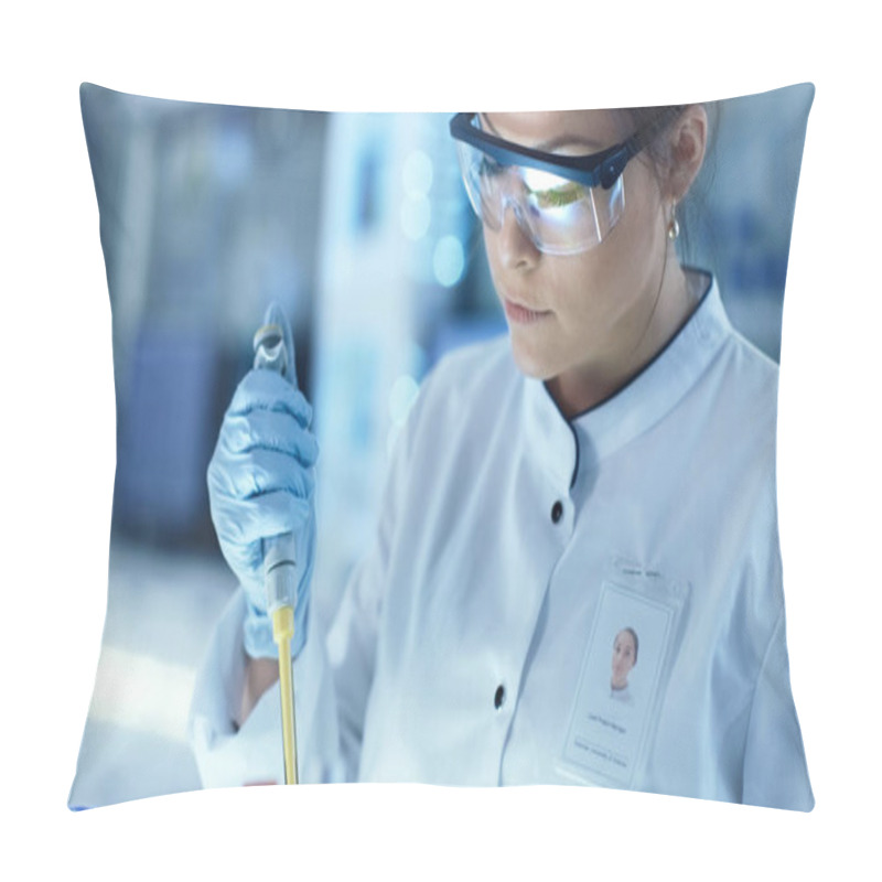 Personality  Female Research Scientist Uses Micropipette Filling Test Tubes I Pillow Covers