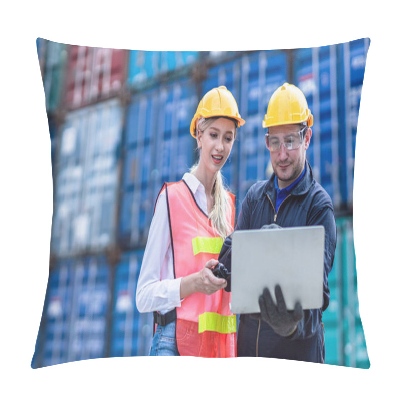 Personality  Logistic worker man and woman working team with online wireless laptop control loading containers at port cargo to trucks for export and import goods pillow covers