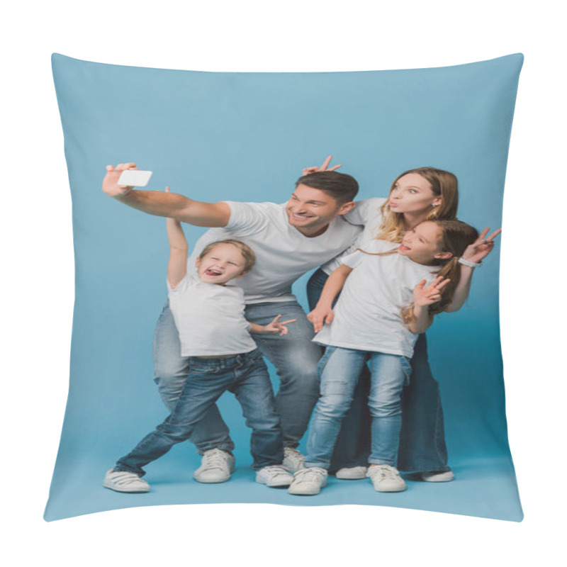 Personality  Cheerful Family Showing Victory Signs While Taking Selfie On Smartphone On Blue Pillow Covers