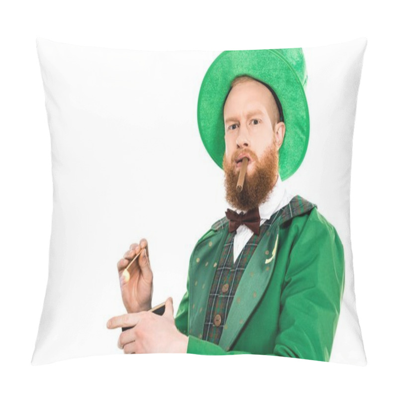 Personality  Leprechaun In Green Costume And Hat Smoking Cigar And Looking At Camera Isolated On White Pillow Covers