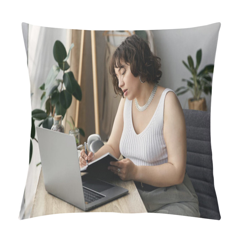 Personality  Natural Light Fills The Modern Apartment As A Young Woman Writes In Her Notebook, Feeling Inspired. Pillow Covers