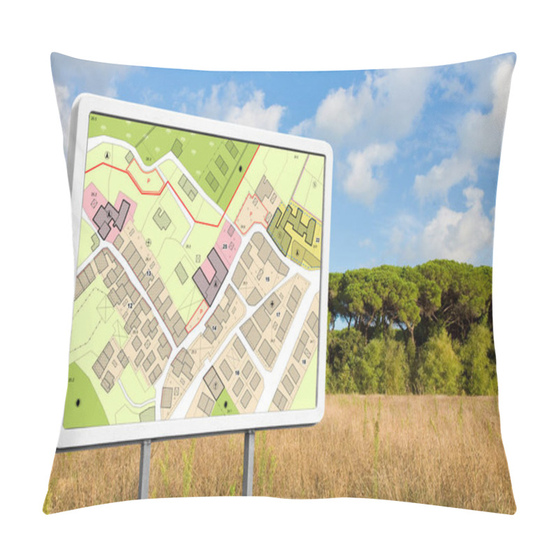 Personality  Advertising Billboard With An Imaginary General Urban Plan With Indications Of Urban Destinations Buildable Areas And Land Plot In A Rural Scene Pillow Covers