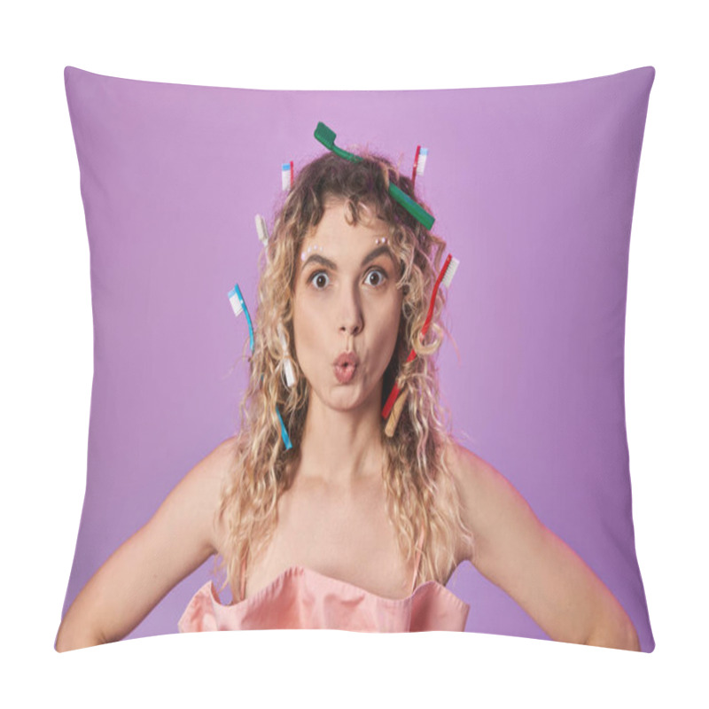 Personality  Astonished Blonde Woman In Pink Vibrant Outfit And Toothbrushes In Her Hair, Tooth Fairy Concept Pillow Covers