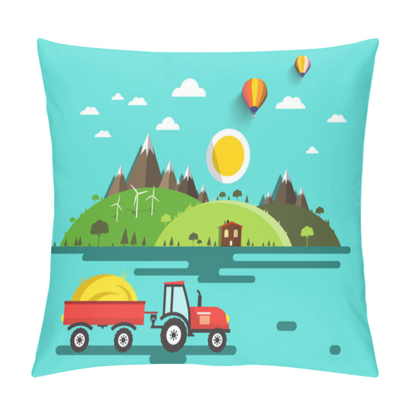 Personality  Flat Design Vector Landscape. Tractor With Dray On Field.  Mountains And Hills. Bio Farm. Nature Scene. Pillow Covers